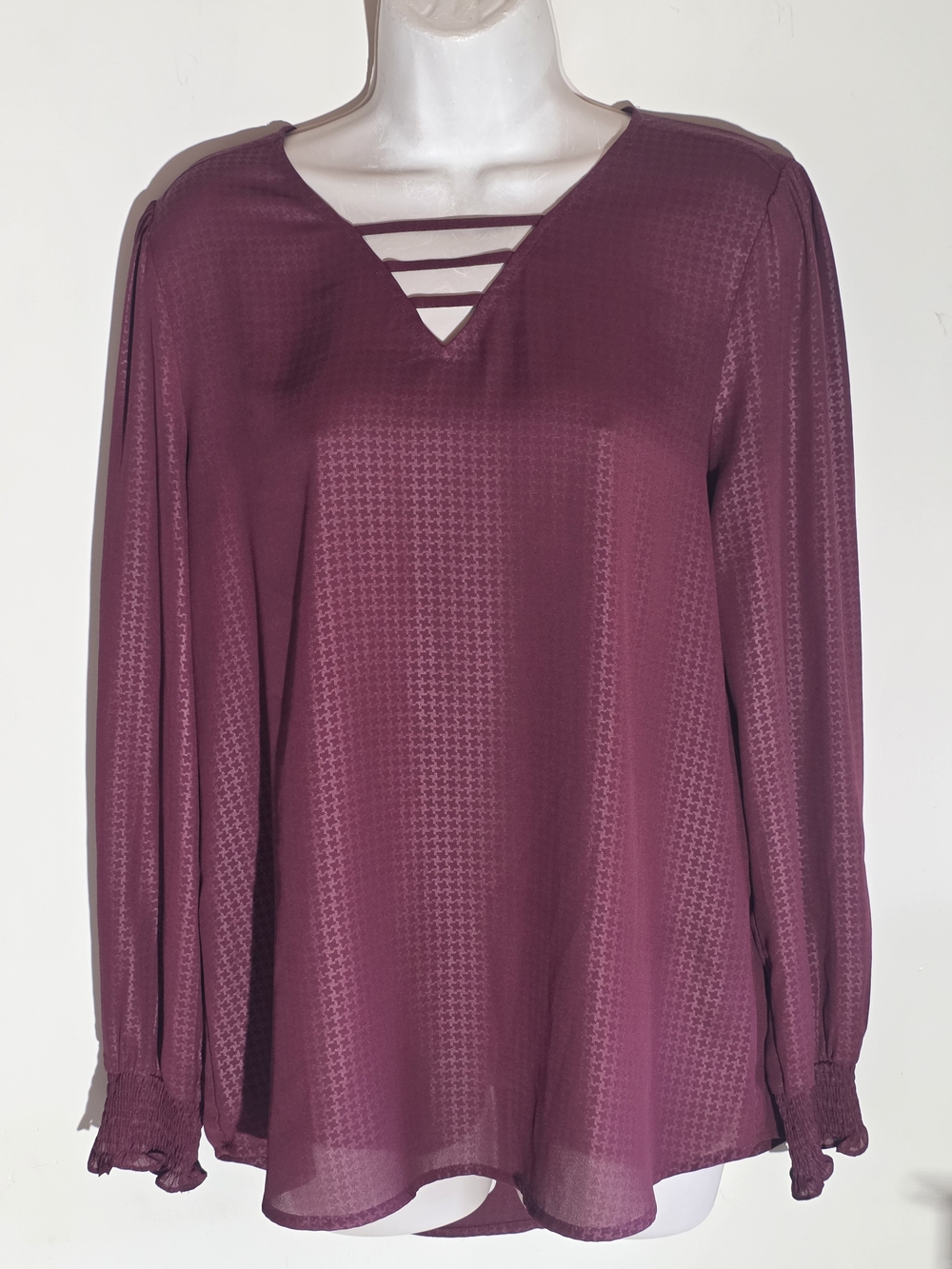 Maurices Wine Long-Sleeve V-Neck Blouse with Ladder Straps (Size M)